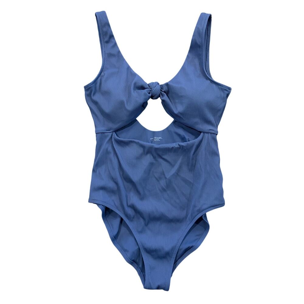 Aerie Blue Ribbed Knot Front One Piece Full Coverage Swimsuit Womens Size Large